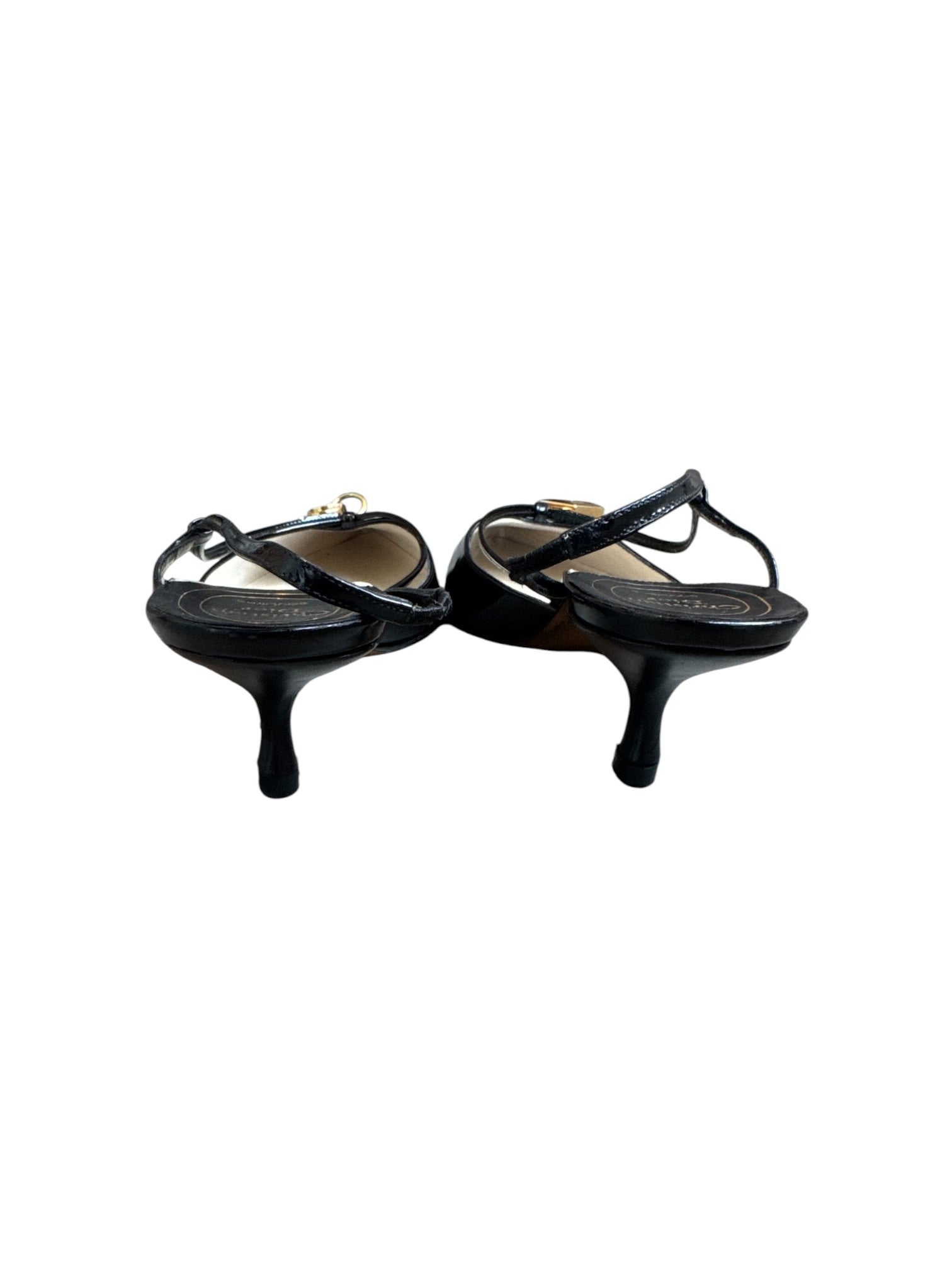 BLACK PATENT SLINGBACK MULES W LOCK AND KEY @FAR