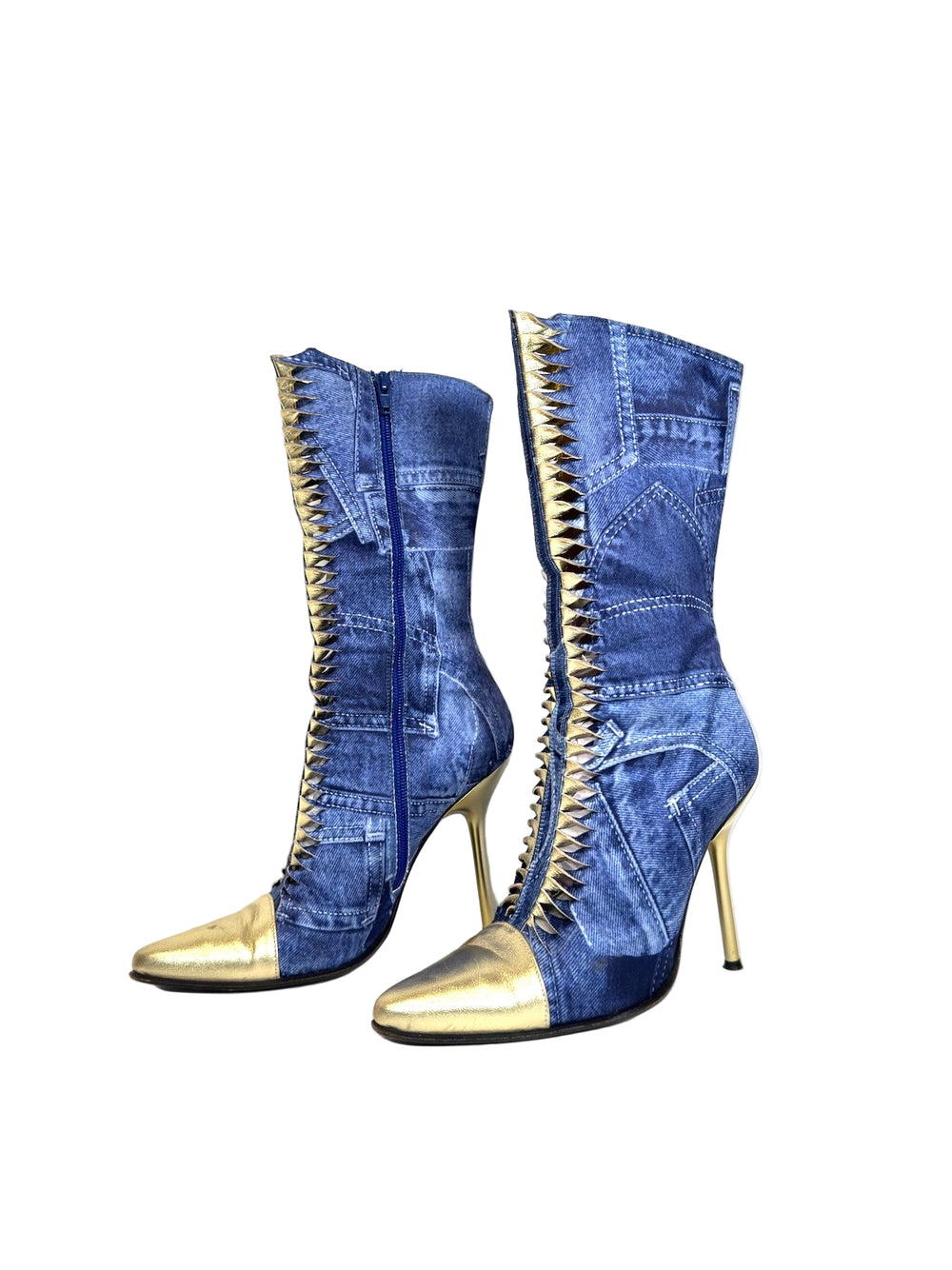 00'S DENIM PRINTED & GOLD LEATHER BRAIDED BOOTIES