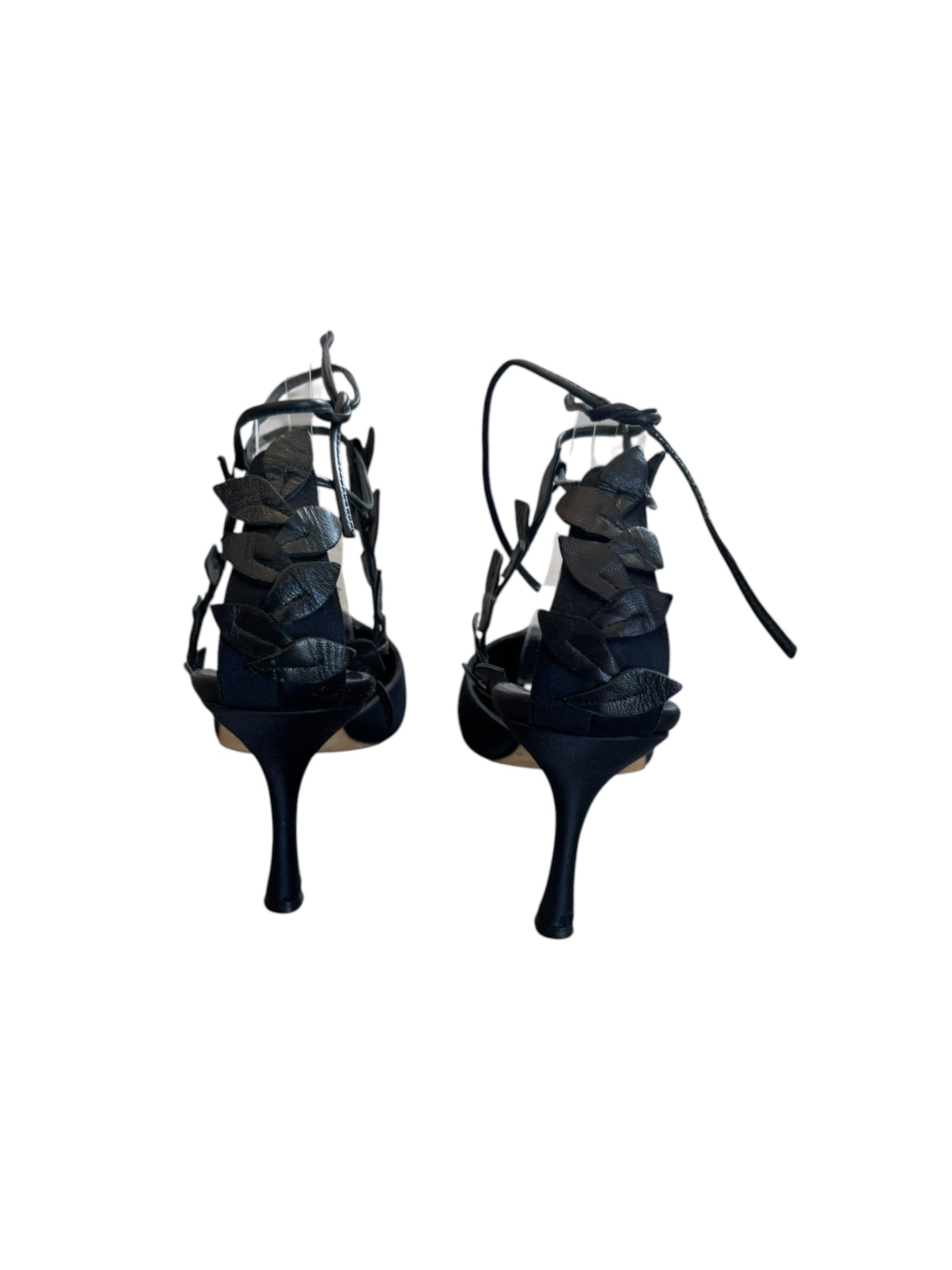 BLACK SATIN LEAF WRAP HEELS