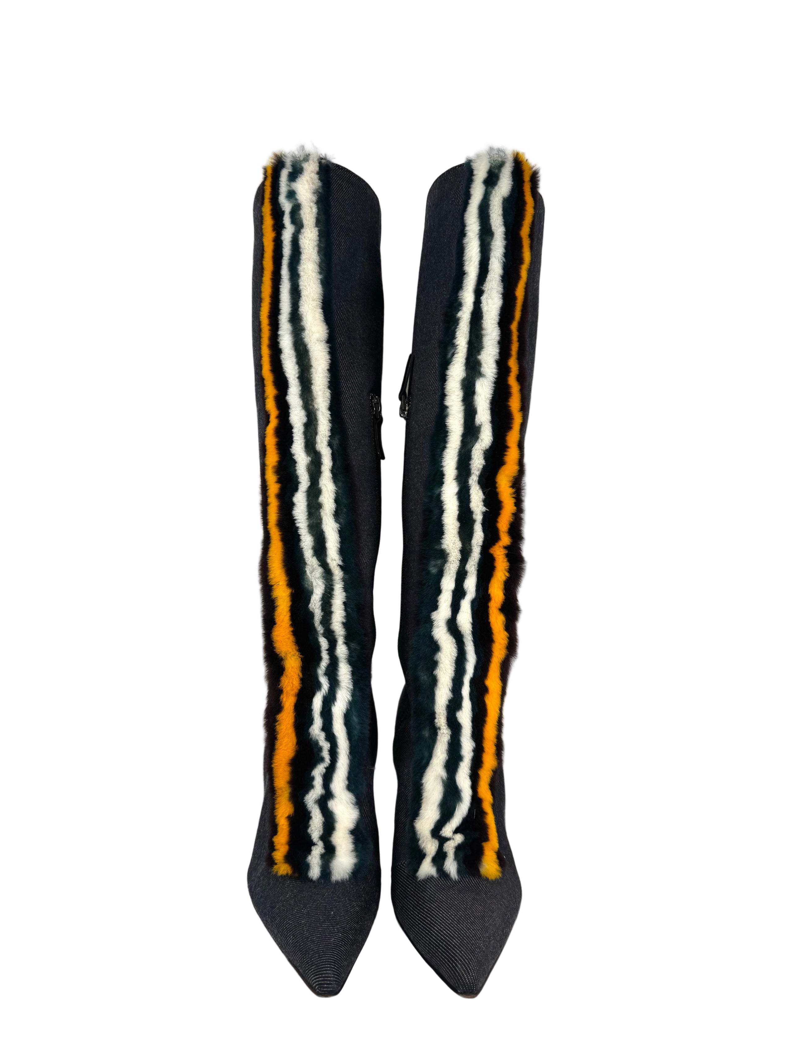 RARE DENIM & MULTICOLOR RABBIT FUR KNEE HIGH BOOTS