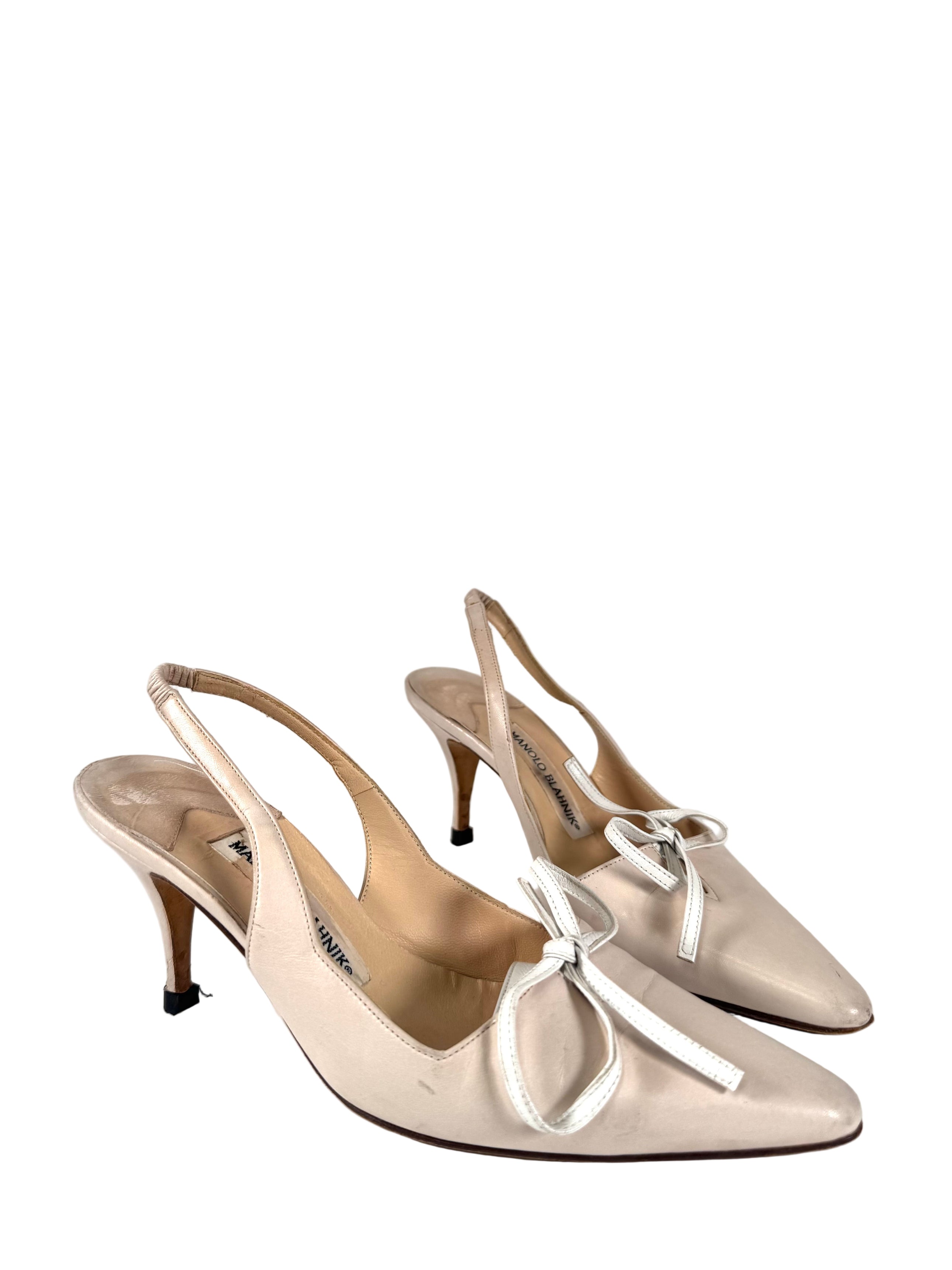 BEIGE LEATHER SLINGBACK BOW PUMPS
