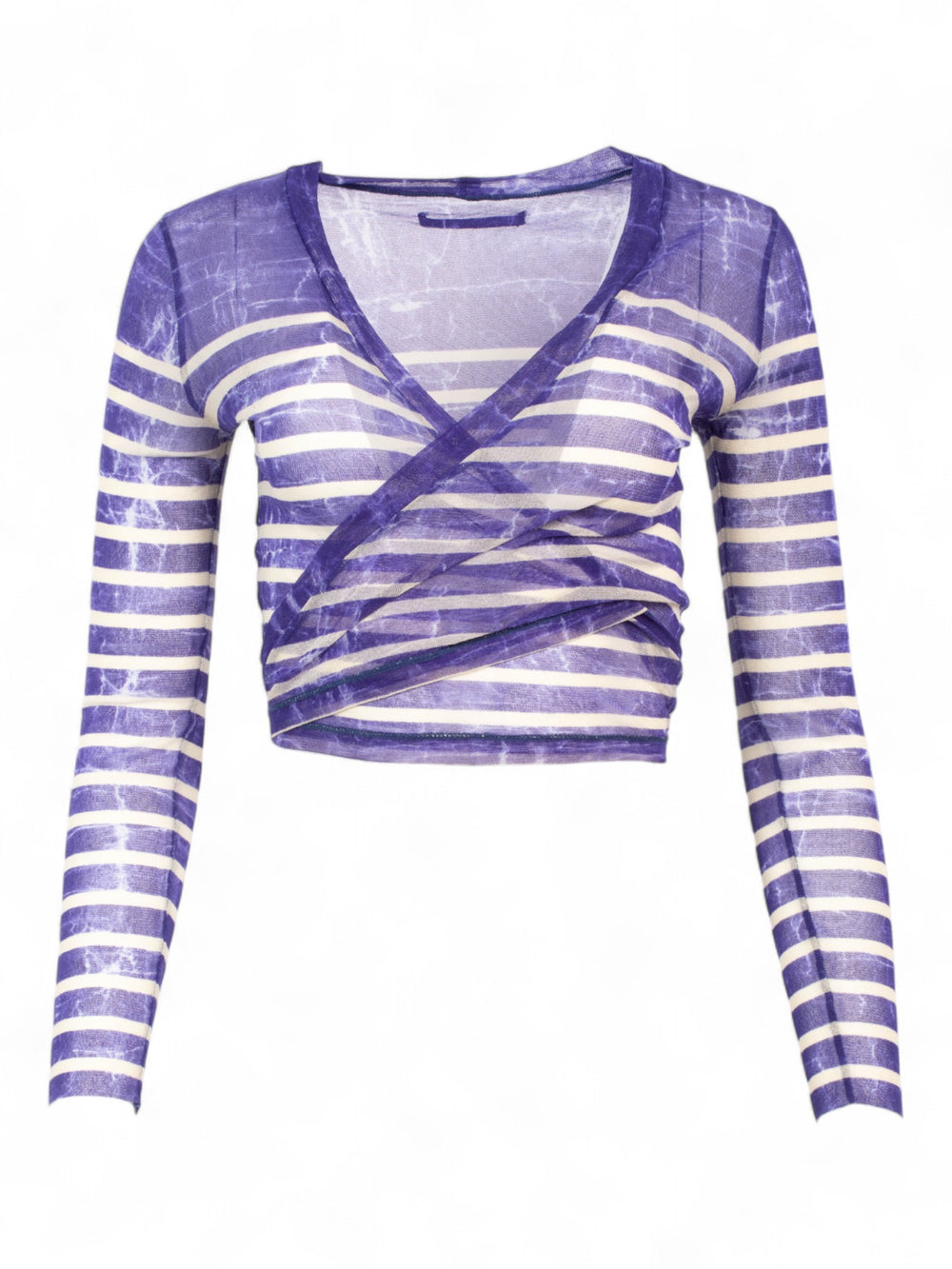 BLUE AND WHITE STRIPED MESH CARDIGAN