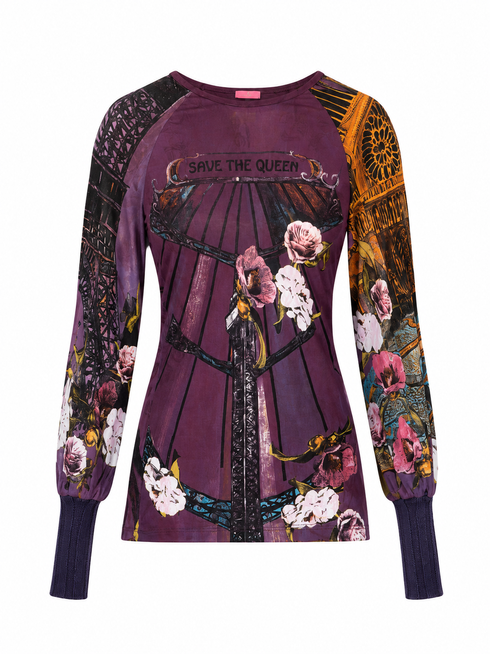 PURPLE FLORAL PRINT MESH PUFF L/S TOP