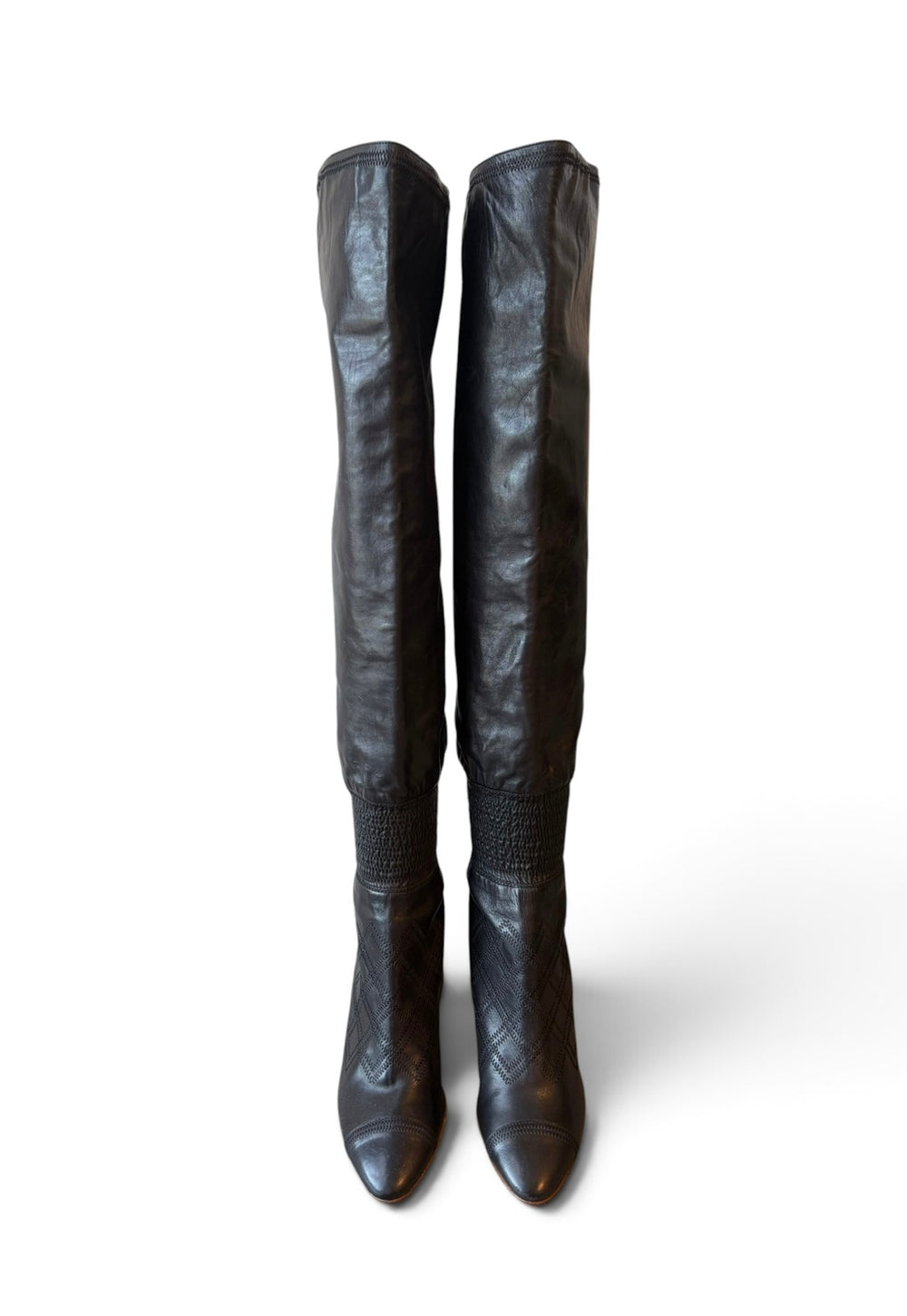 BLACK QUILTED LEATHER KNEE HIGH SLOUCH BOOTS @SM