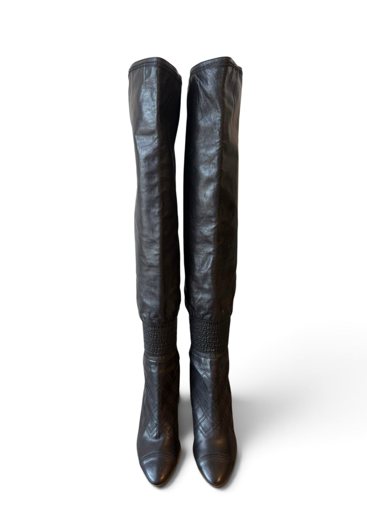 BLACK QUILTED LEATHER KNEE HIGH SLOUCH BOOTS @SM