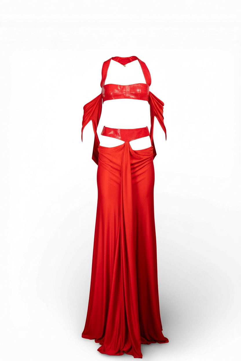 RED SILK & LIZARD 2PC SKIRT/TOP SET