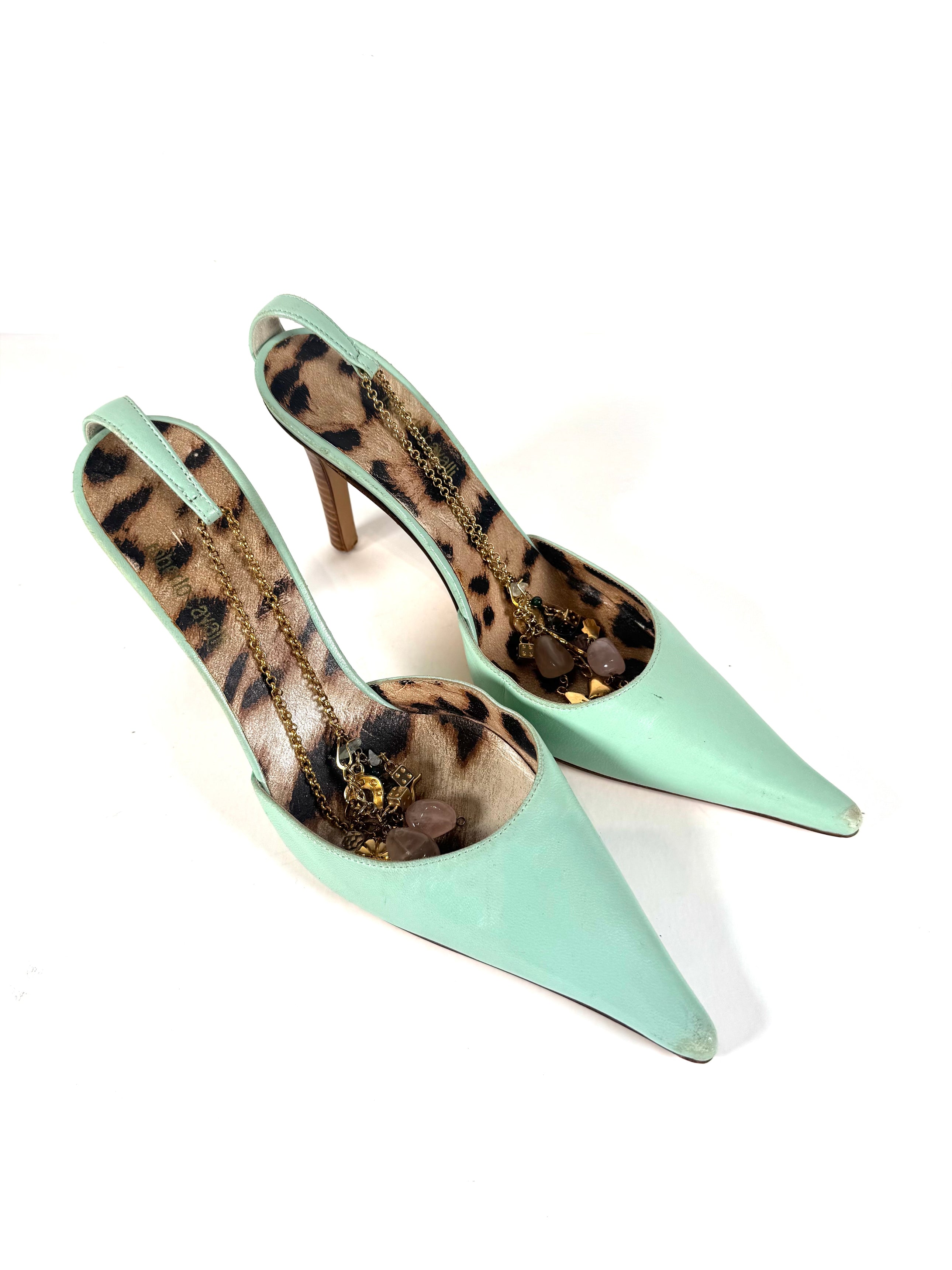 TURQUOISE LEATHER MULES W/ CHARM ANKLE STRAPS