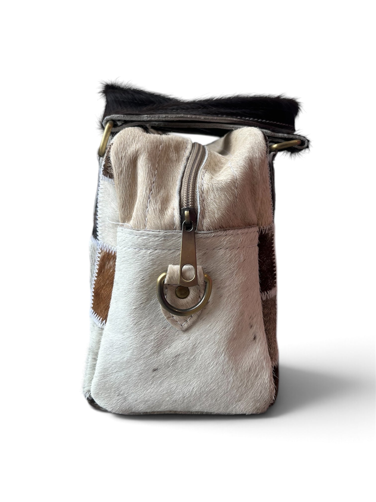 PATCHWORK CALF HAIR PURSE W/ LONG STRAP