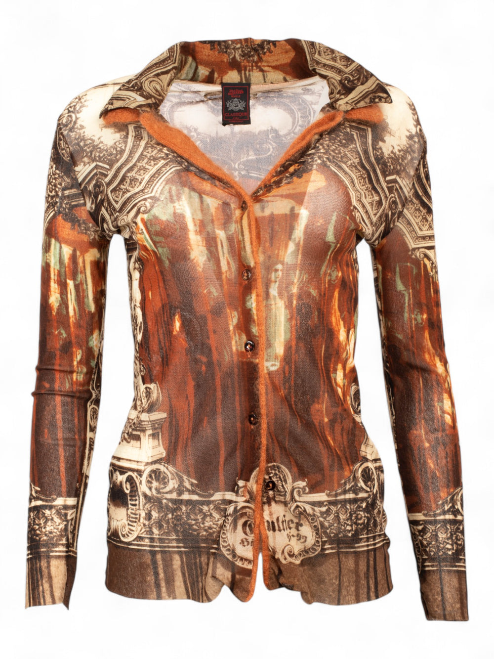 FW1998 BROWN MESH CATHEDRAL PRINT BUTTON DOWN CARDIGAN