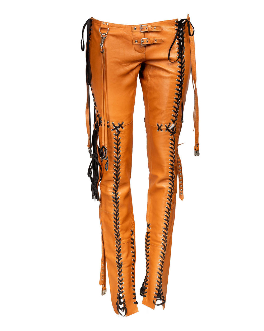 SS03 BROWN LACE UP LEATHER PANTS @JKOVA