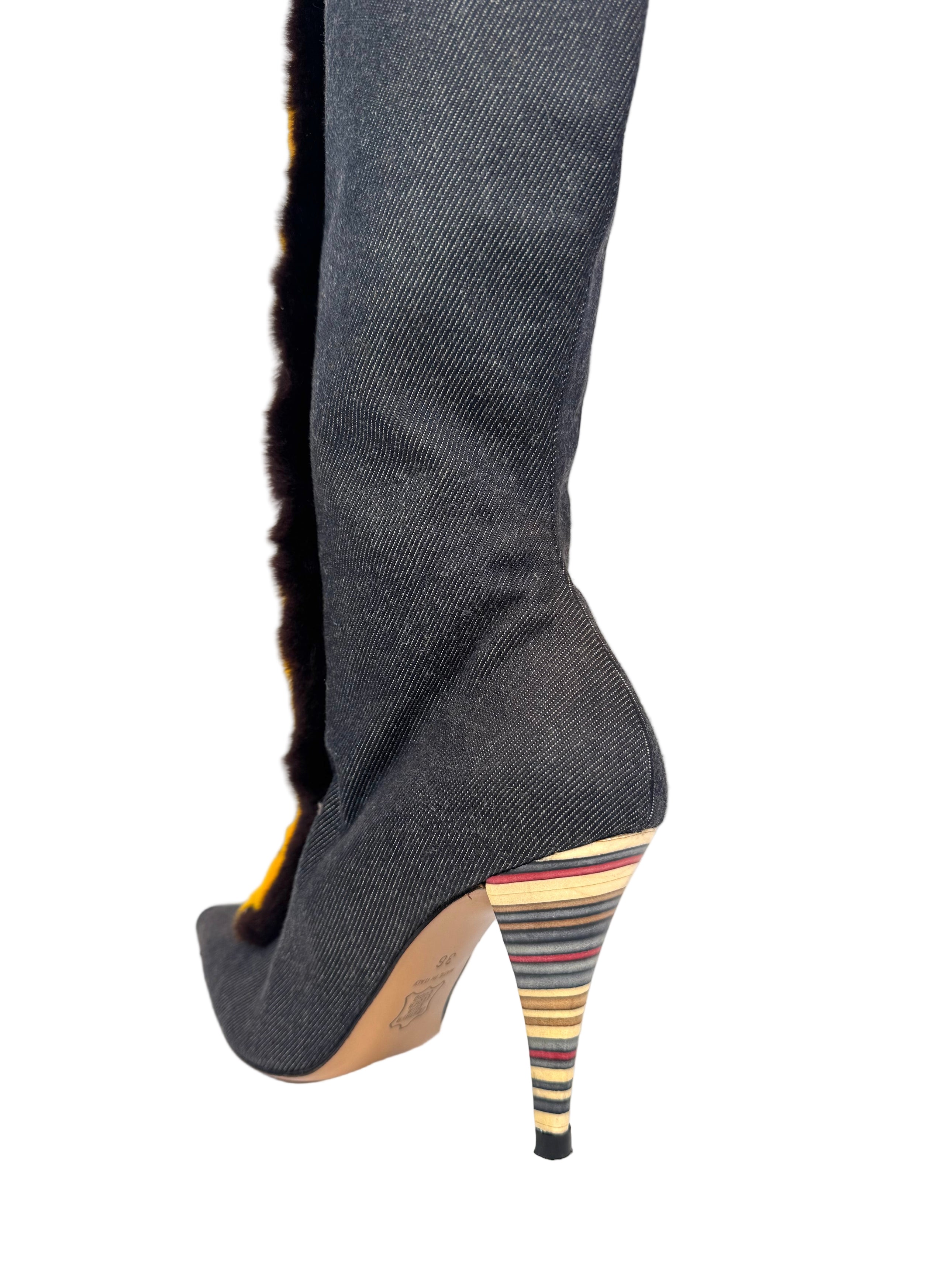 RARE DENIM & MULTICOLOR RABBIT FUR KNEE HIGH BOOTS