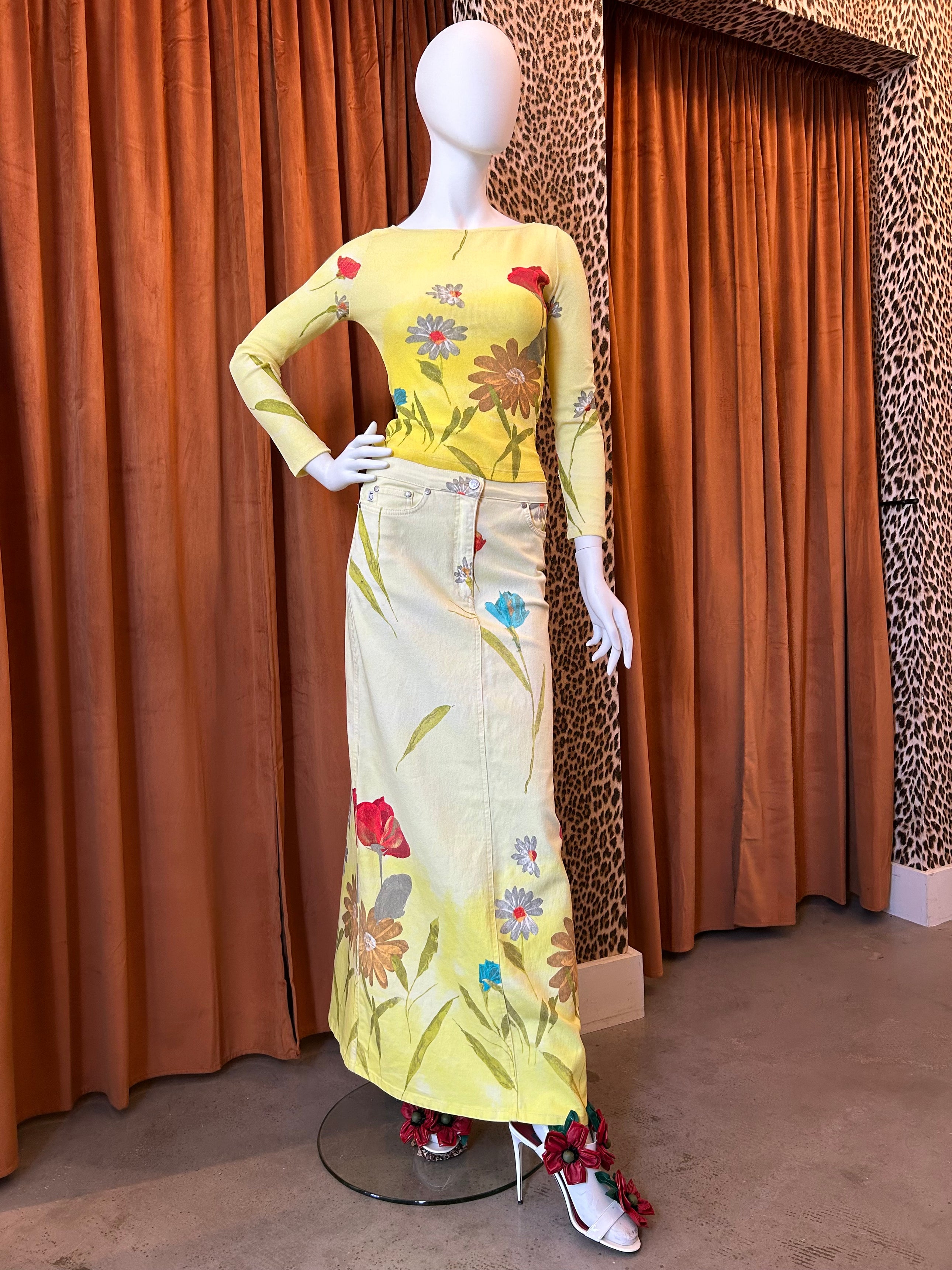 90S YELLOW FLORAL MAXI SKIRT & LONG SLEEVE SET