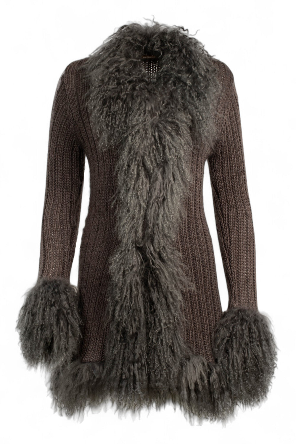 MONGOLIAN FUR GREY KNIT LONG CARDIGAN