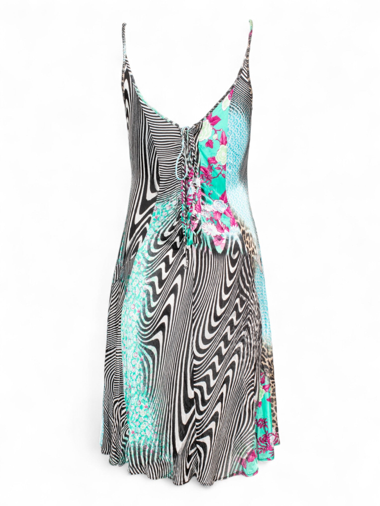 BLUE & BLACK PSYCHEDELIC MIDI DRESS W LACE TRIM