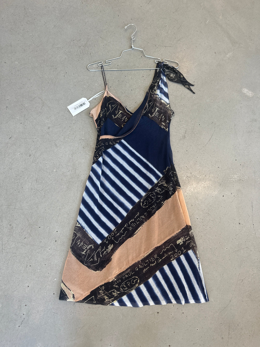 2001 STRIPED AND SCRIPT MESH MIDI DRESS