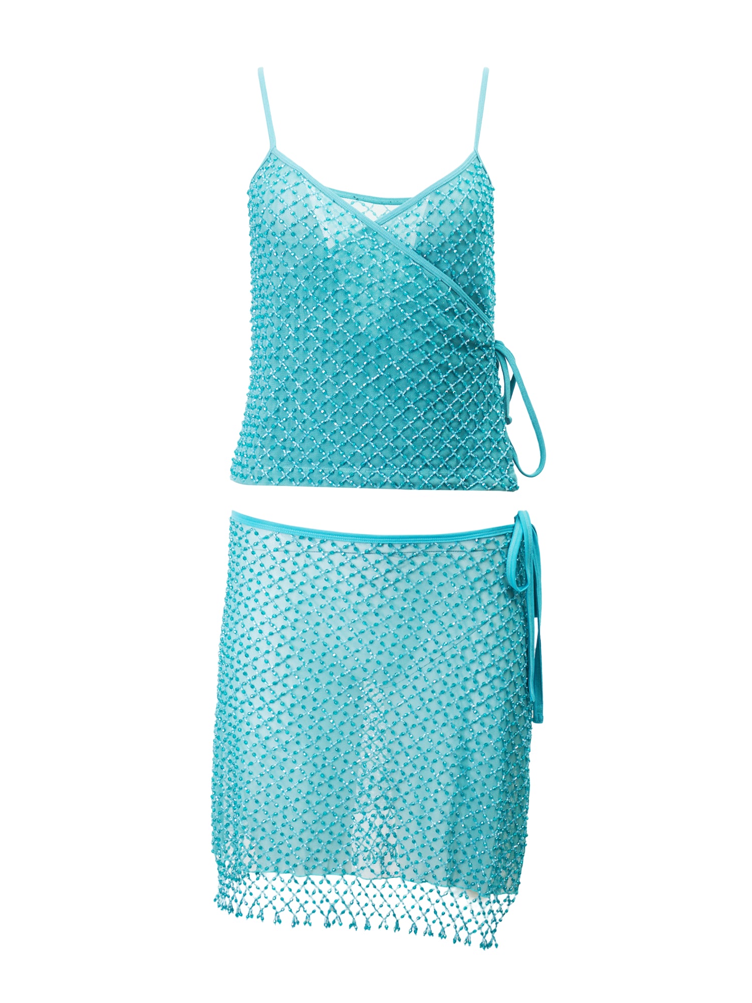 BLUE BEADED SHEER WRAP TOP & SKIRT 2PC SET