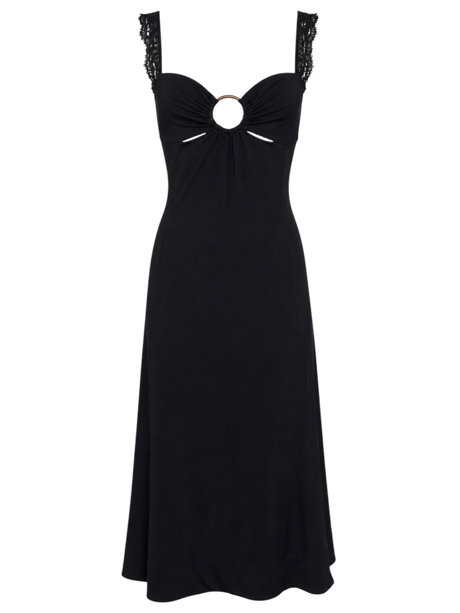 BLACK STRETCH MIDI DRESS W O-RING & LACE STRAPS @NICOZ
