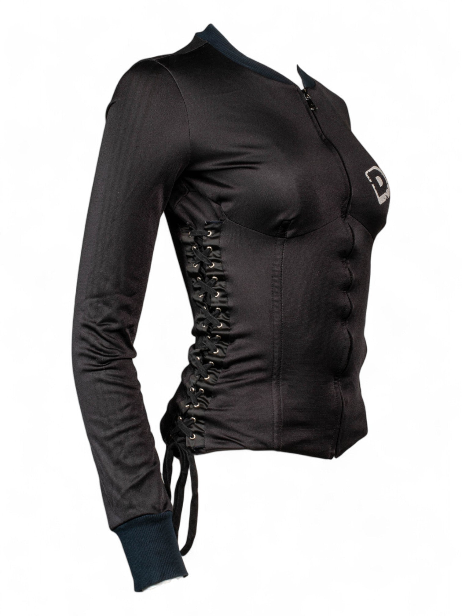 BLACK CORSETED RADIO LOGO L/S ZIP UP TOP