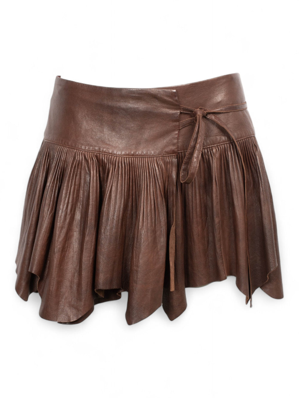 FW2003 PLEATED BROWN LEATHER WRAP SKIRT