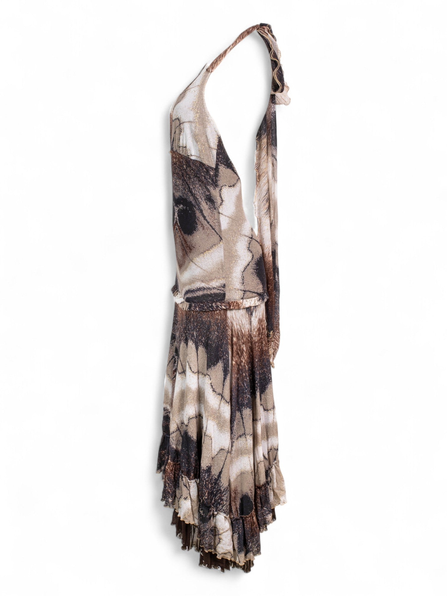 FEATHER PRINT HALTER DRESS W HORN CHARM