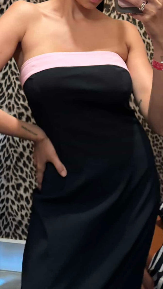 PINK TRIM BLACK STRAPLESS DRESS