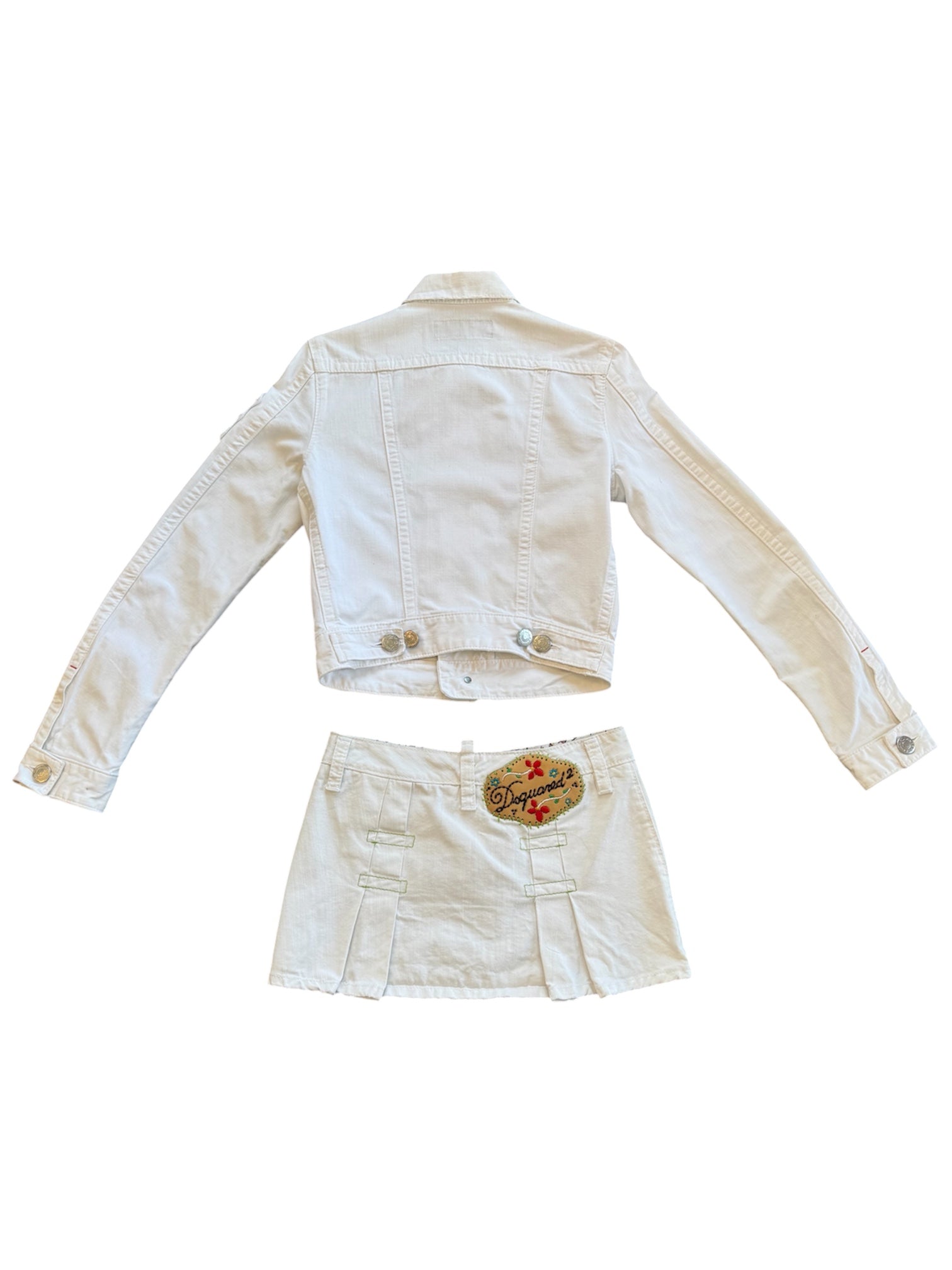 WHITE EMBROIDERED DENIM JACKET & SKIRT SET