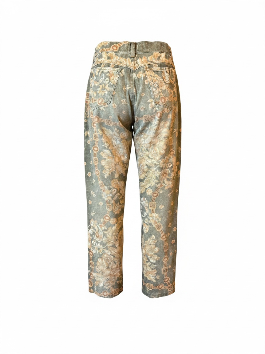 90S FADED GREEN/GOLD ORNATE FLORAL JEANS