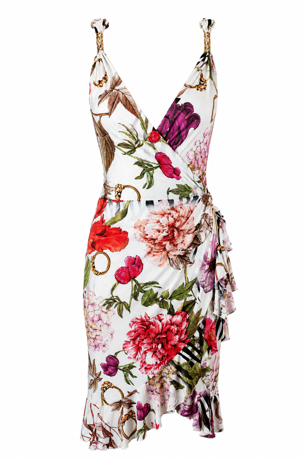 WHITE BOTANICAL RUFFLED MIDI DRESS W GOLD DETAILING