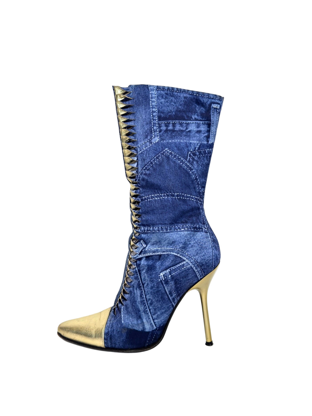 00'S DENIM PRINTED & GOLD LEATHER BRAIDED BOOTIES