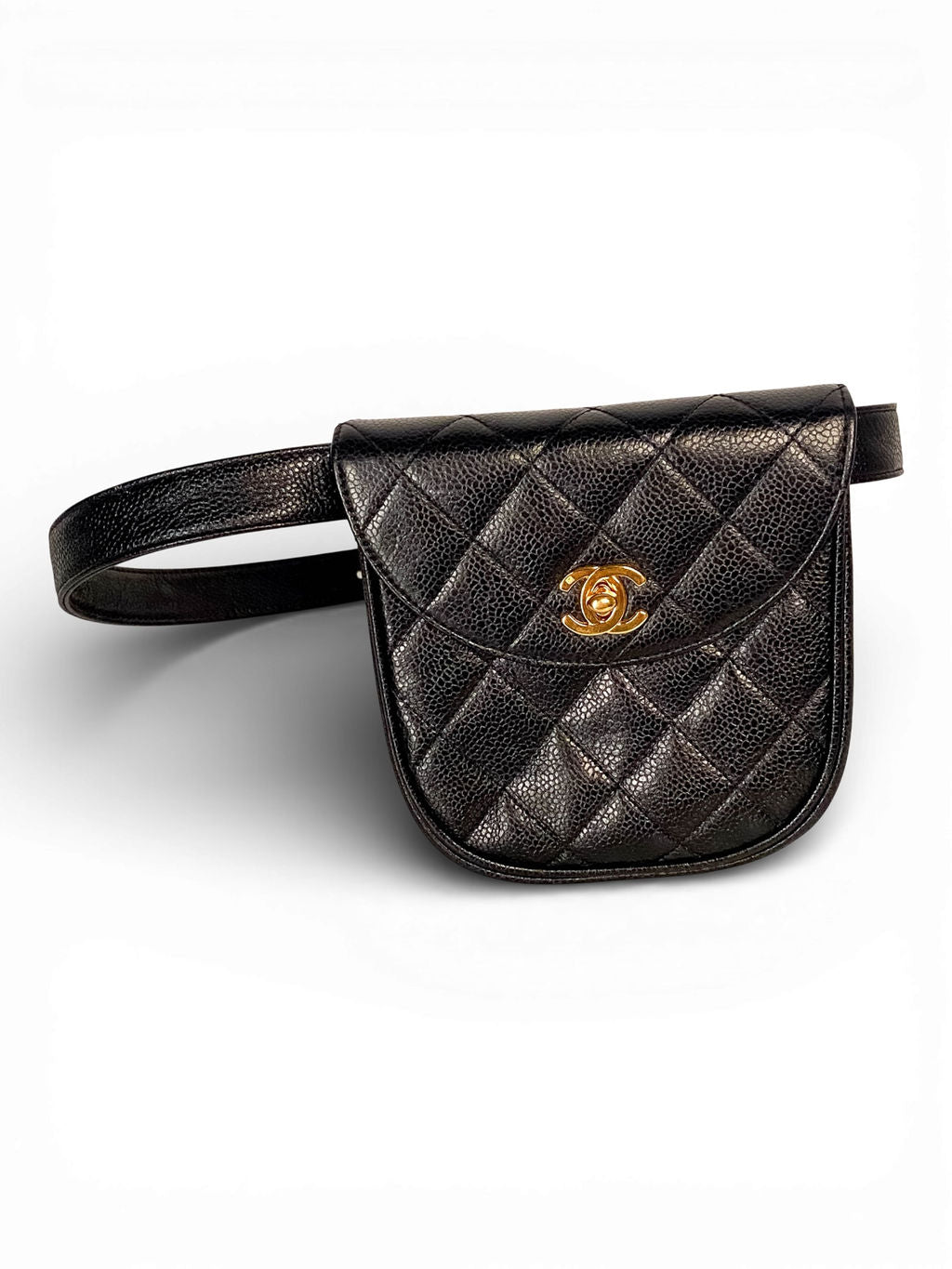 90S BLACK CAVIAR LEATHER 24K GOLD WAIST BAG @HANA