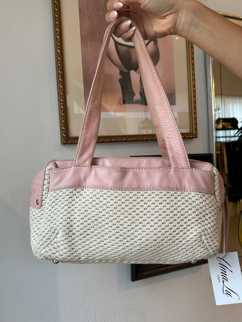 CREAM WOVEN & PINK LEATHER SHOULDER BAG *AS IS*