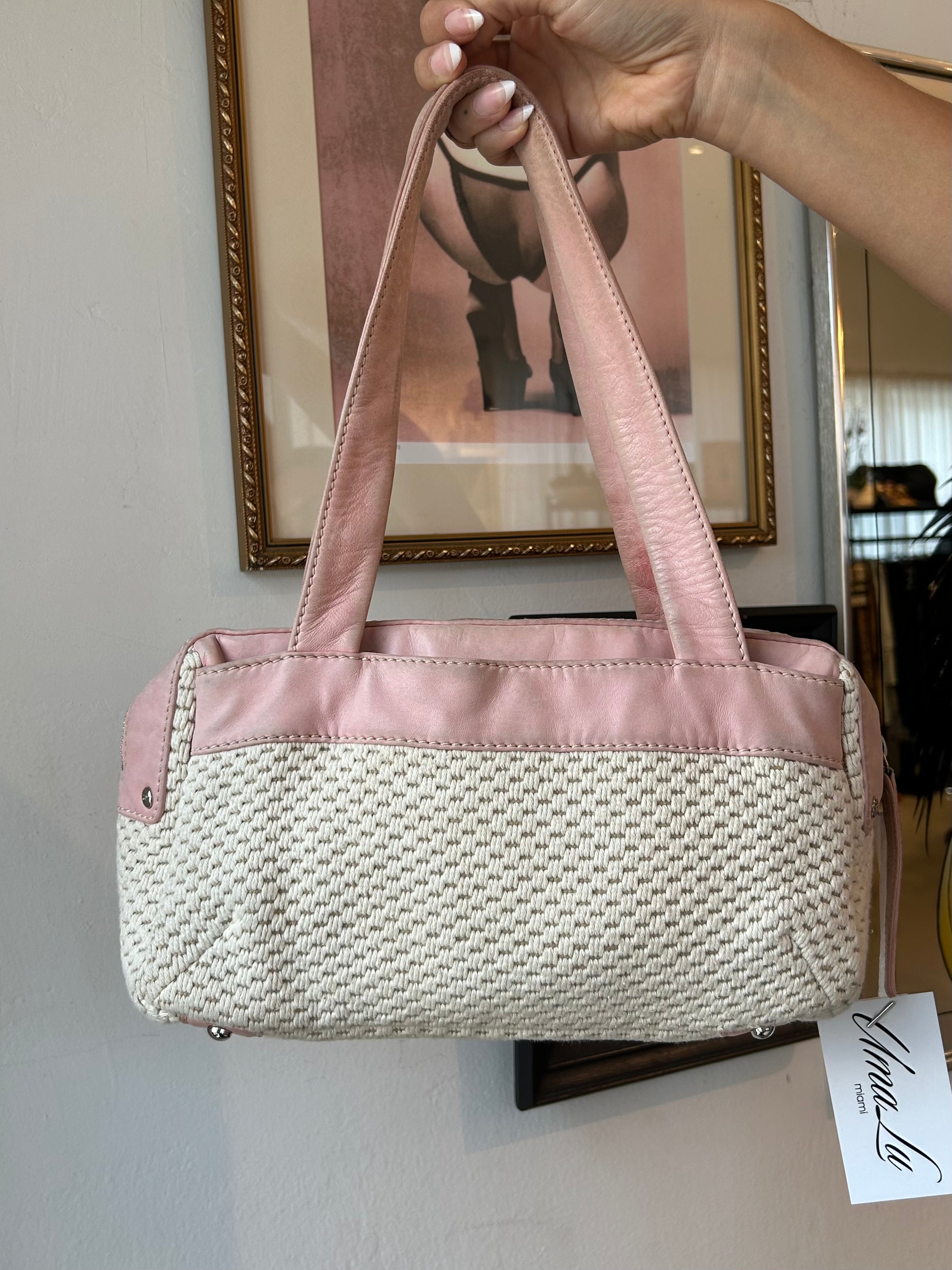 CREAM WOVEN & PINK LEATHER SHOULDER BAG *AS IS*