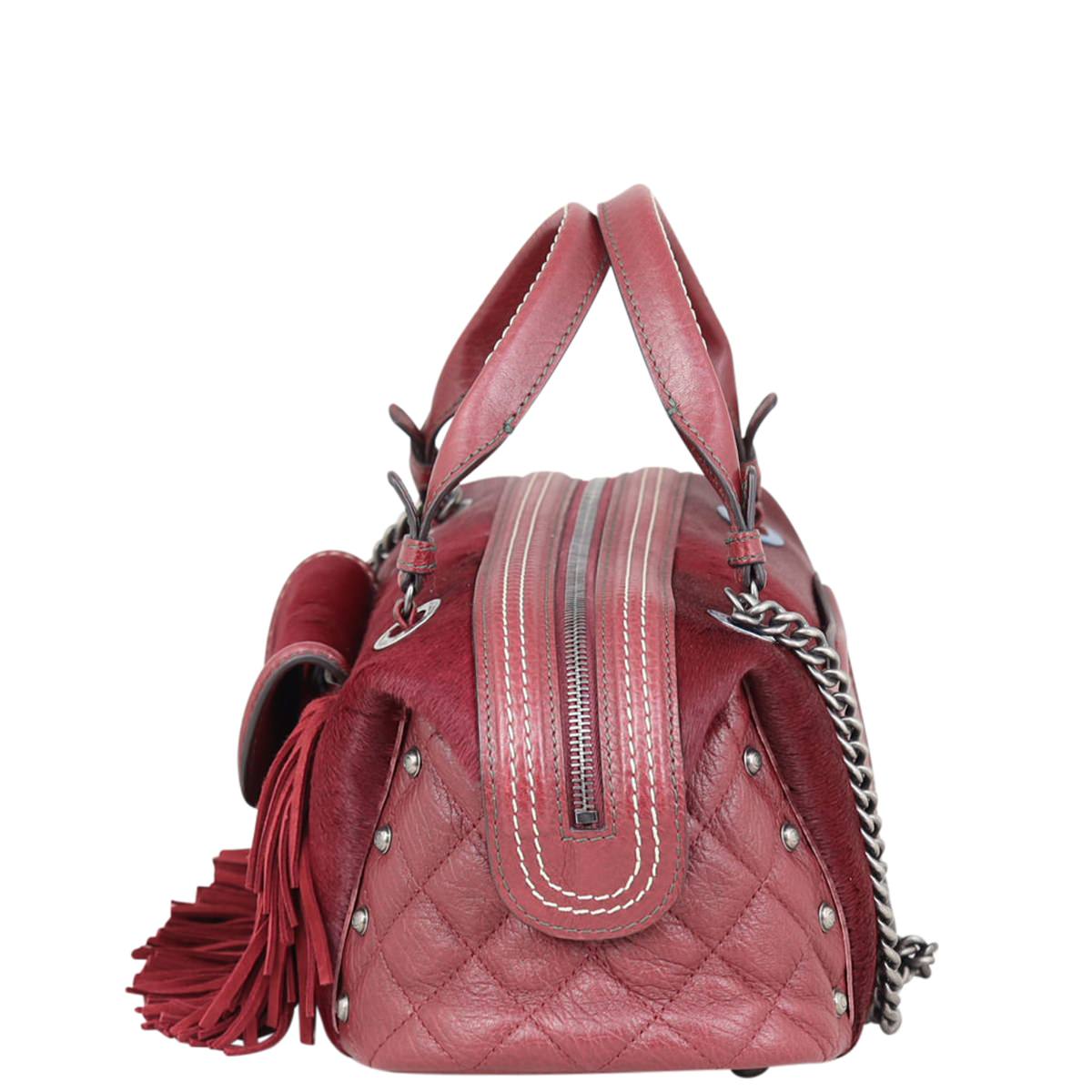 2014 PARIS DALLAS BURGUNDY PONYHAIR FRINGE BAG