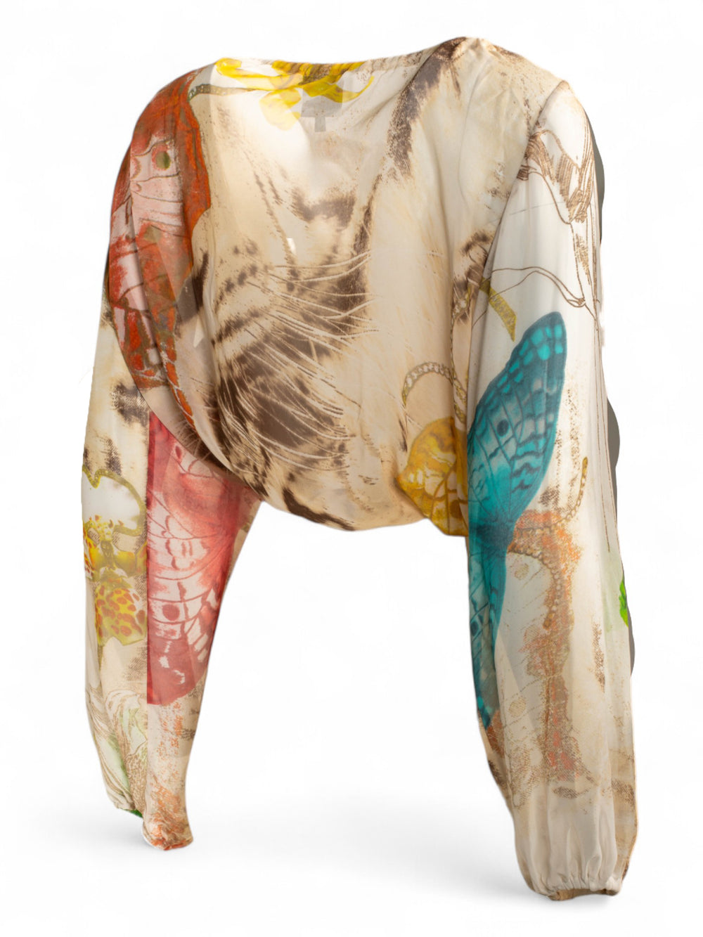SILK BUTTERFLY PRINTED BALLOON SLEEVE TOP