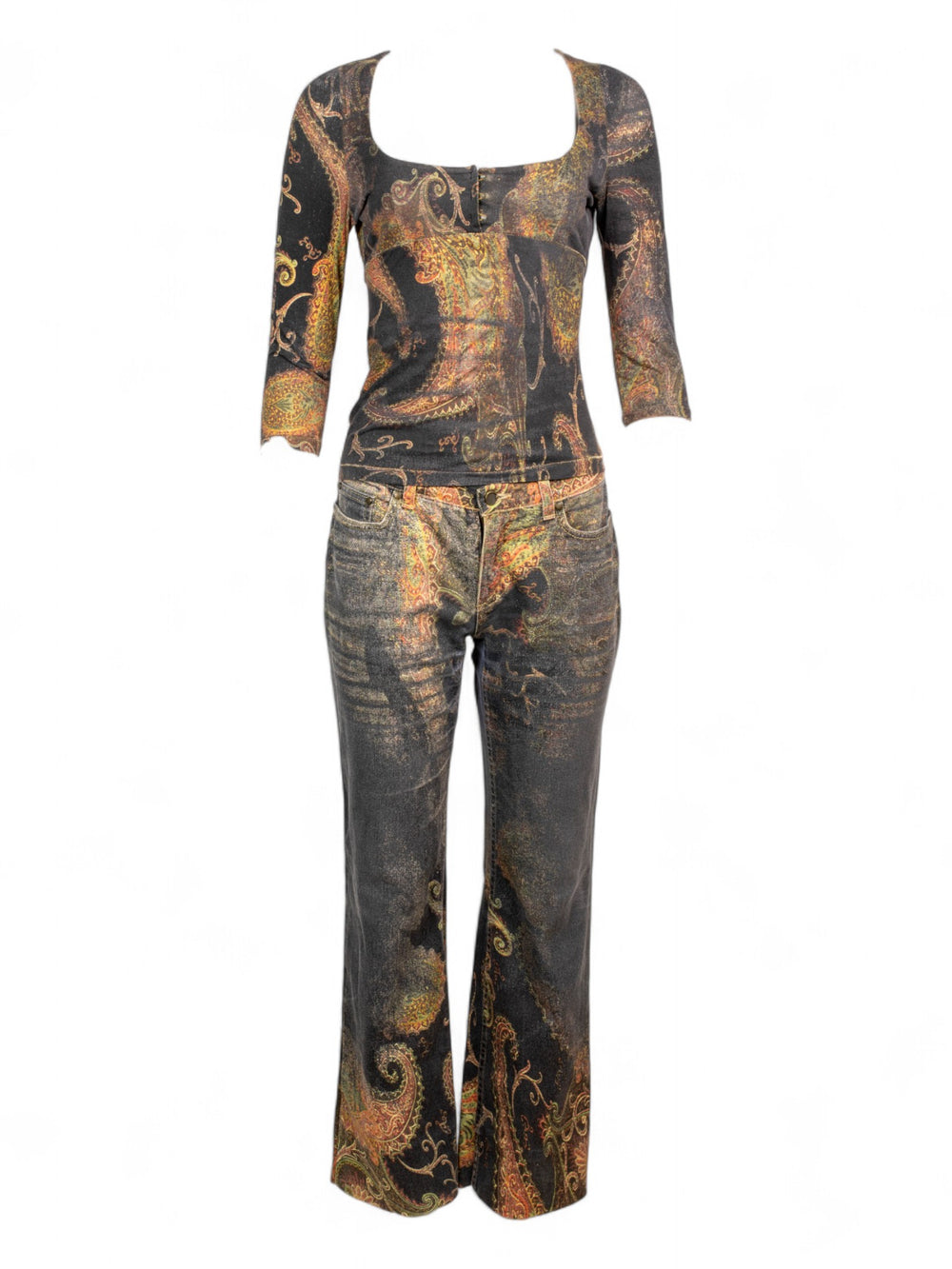 DARK WASH PAISLEY PRINTED TOP & JEANS SET