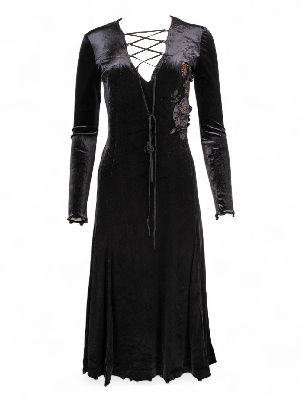 BLACK VELVET LACE UP LONGSLEEVE DRESS