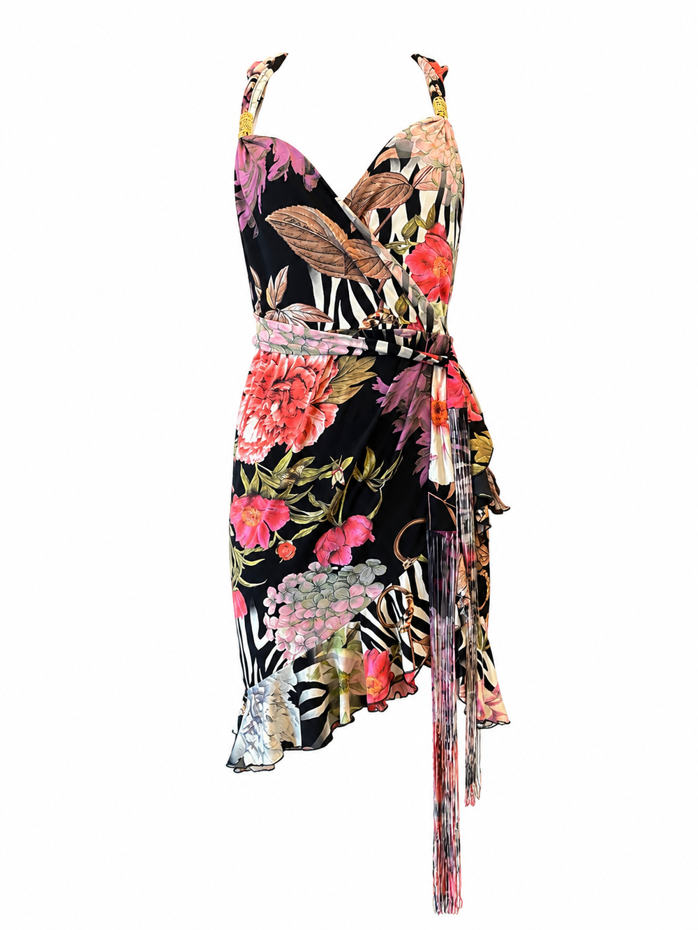 2013 BOTANICAL RUFFLED BLACK MINI DRESS W FRINGE