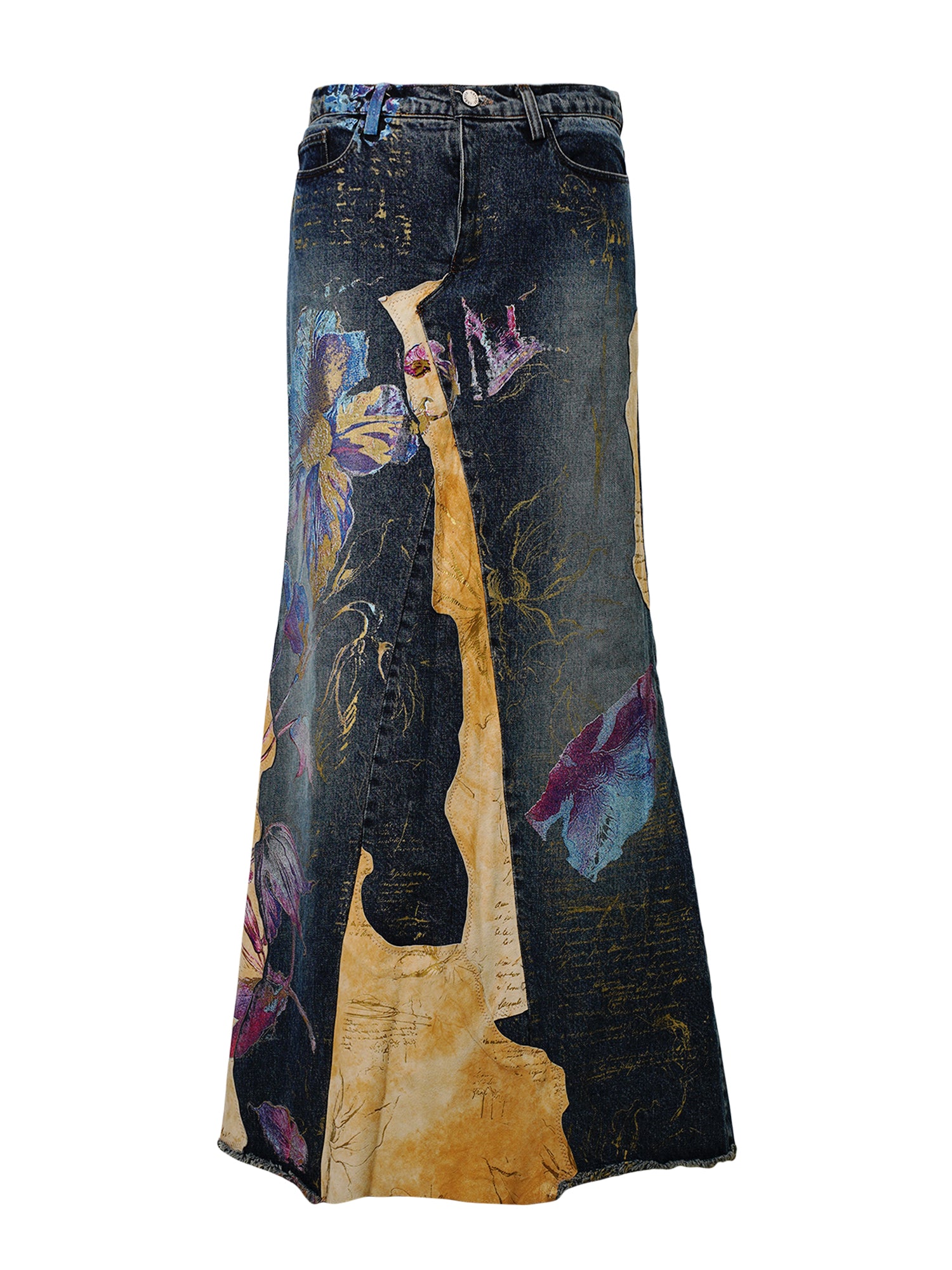 RARE 2003 HAND PAINTED LEATHER & DENIM MAXI SKIRT