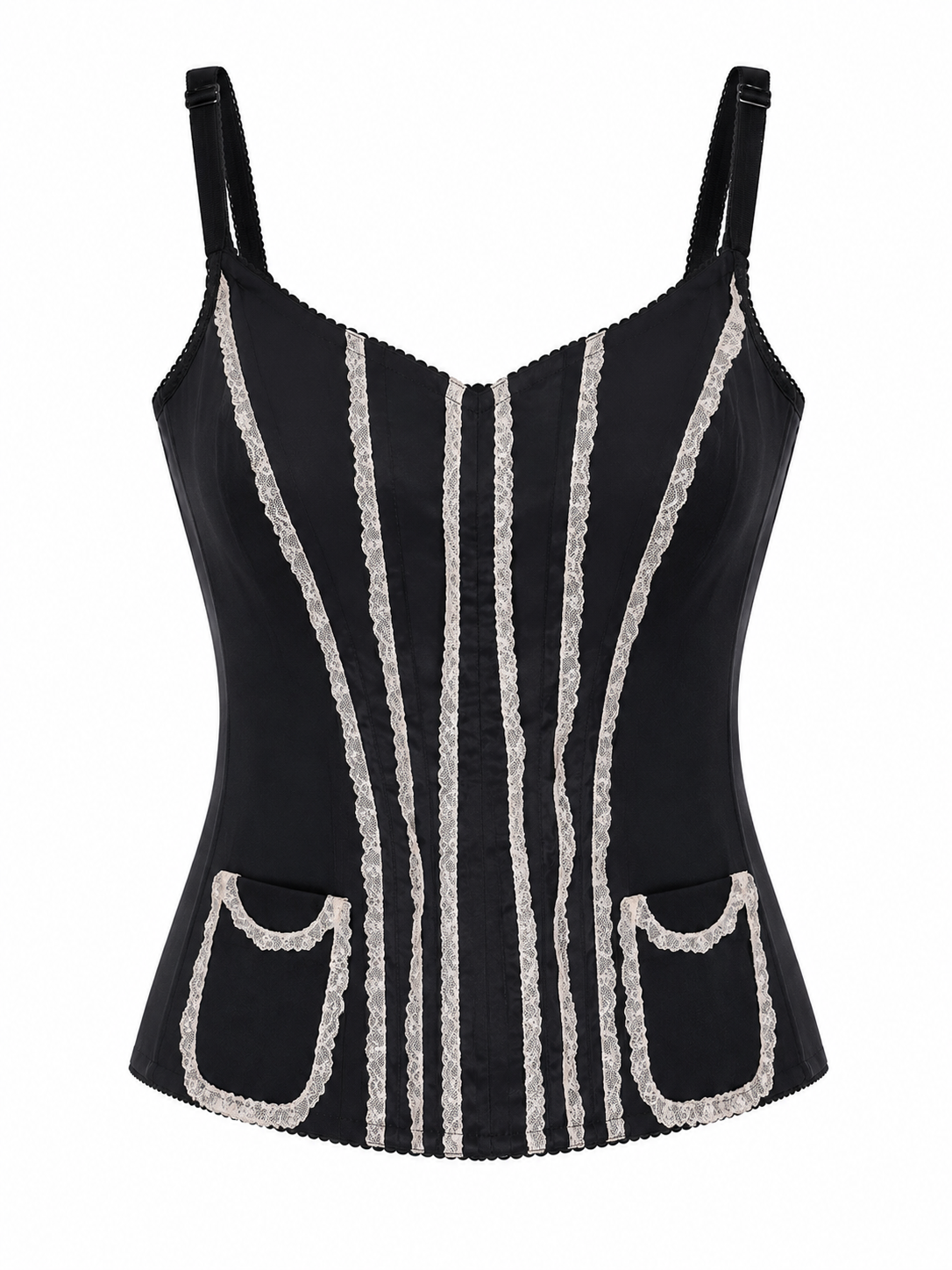 90S BLACK CORSET WITH WHITE LACE DETAILING