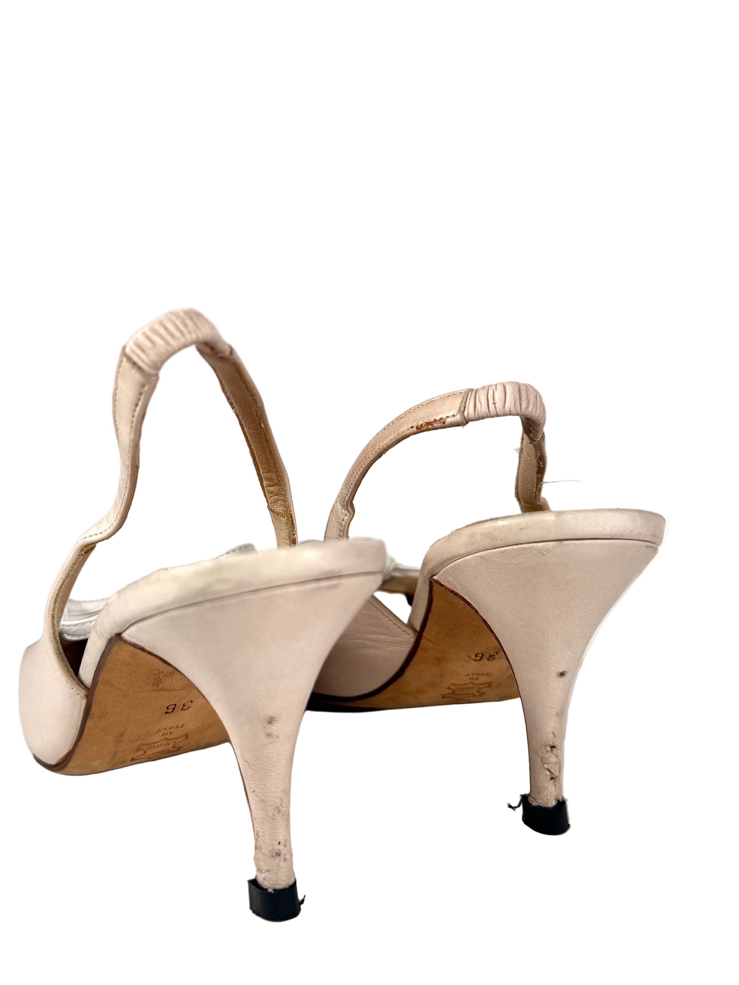 BEIGE LEATHER SLINGBACK BOW PUMPS