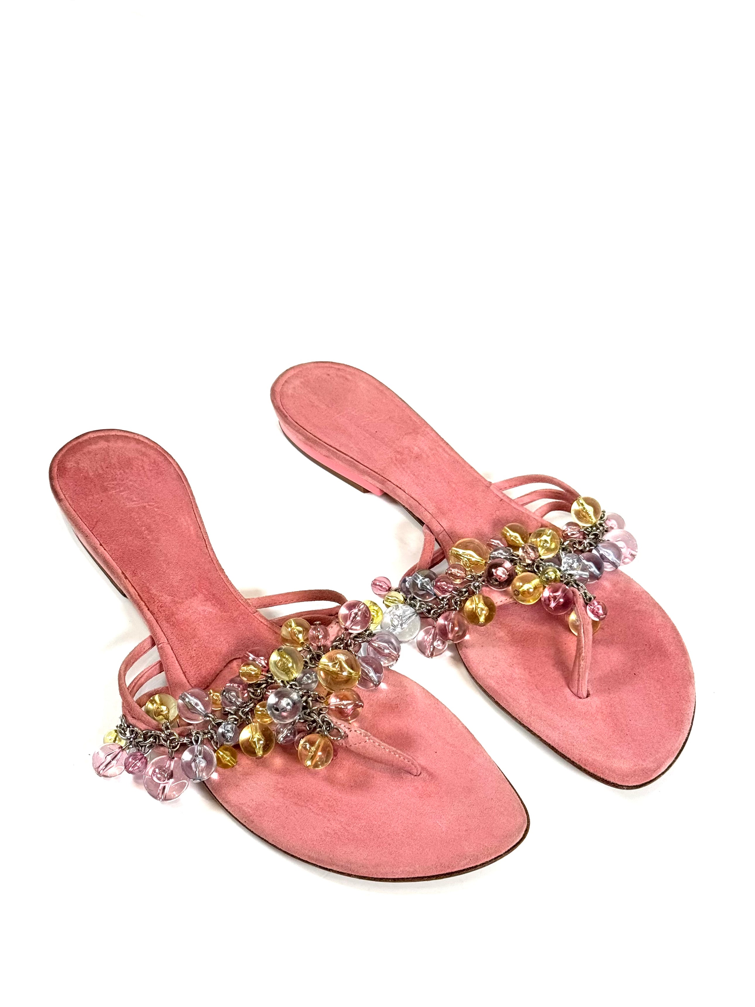 PINK SUEDE CRYSTAL CHARM SANDALS