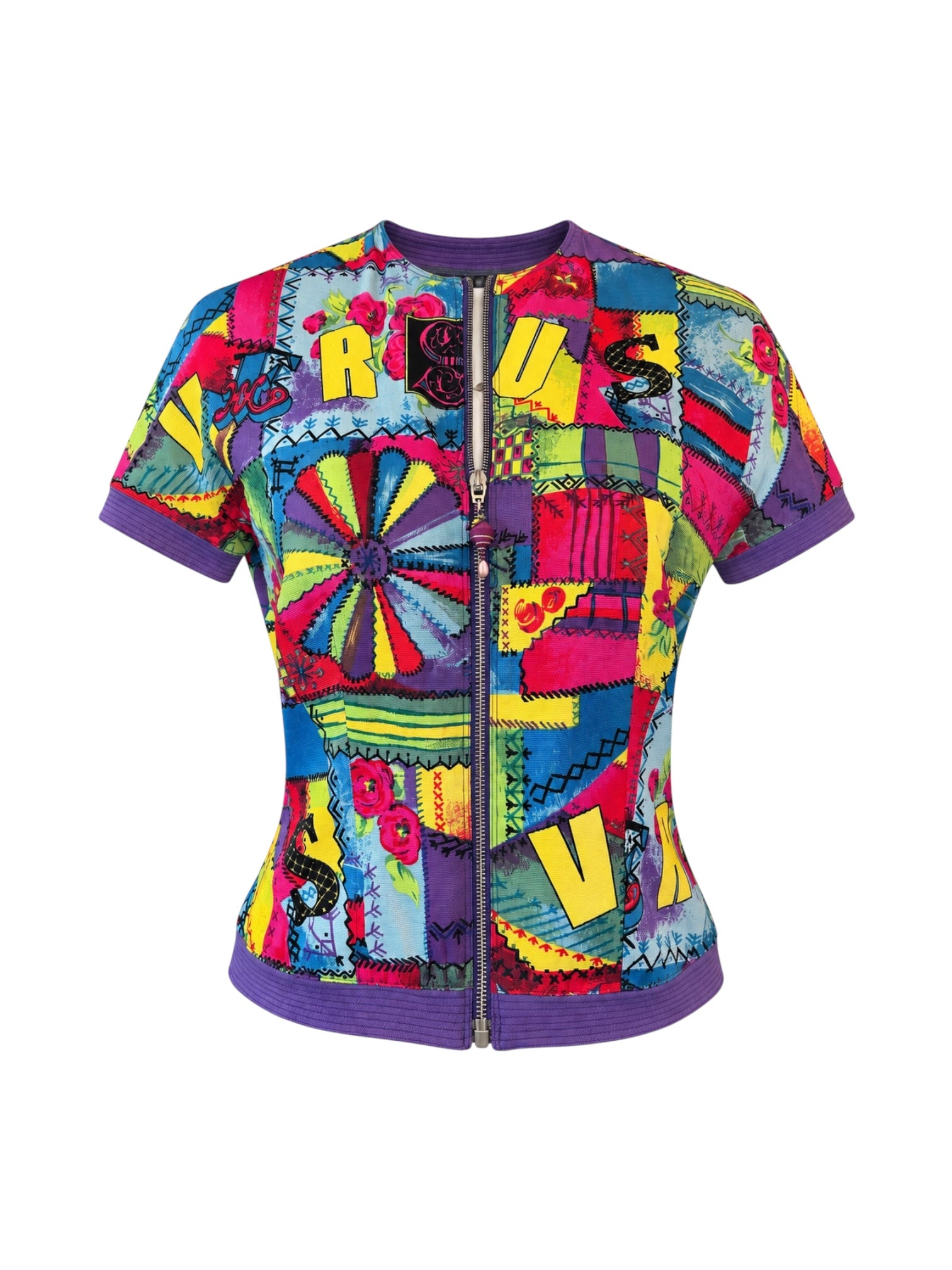 90S MULTICOLOR PATCHWORK “VERSUS” ZIP UP S/S TOP @SM