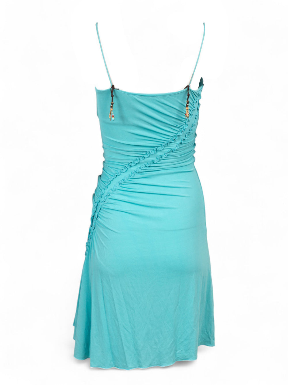 BLUE RUCHED DRESS W SUEDE & CHARM DETAILS