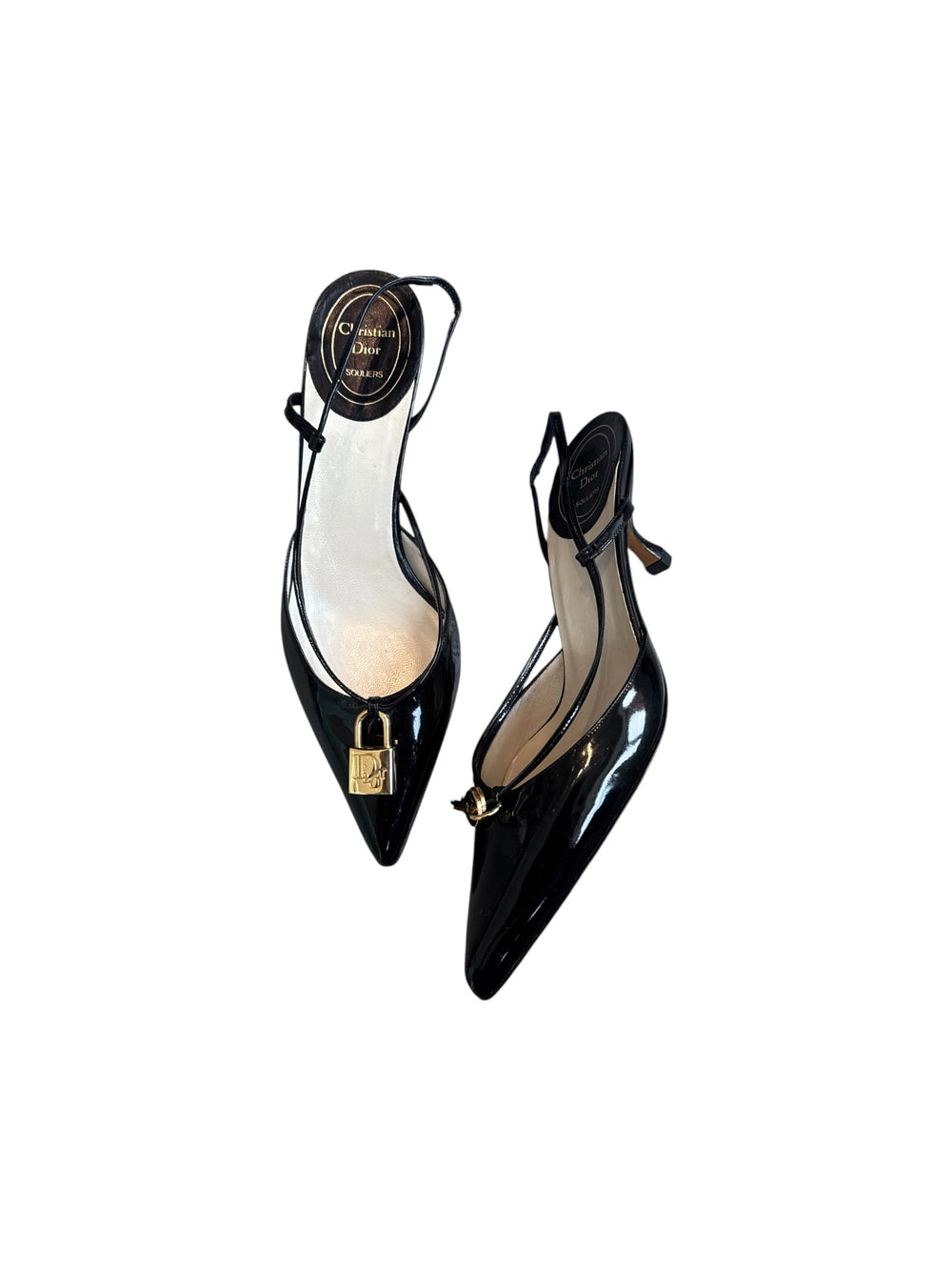 BLACK PATENT SLINGBACK MULES W LOCK AND KEY @FAR