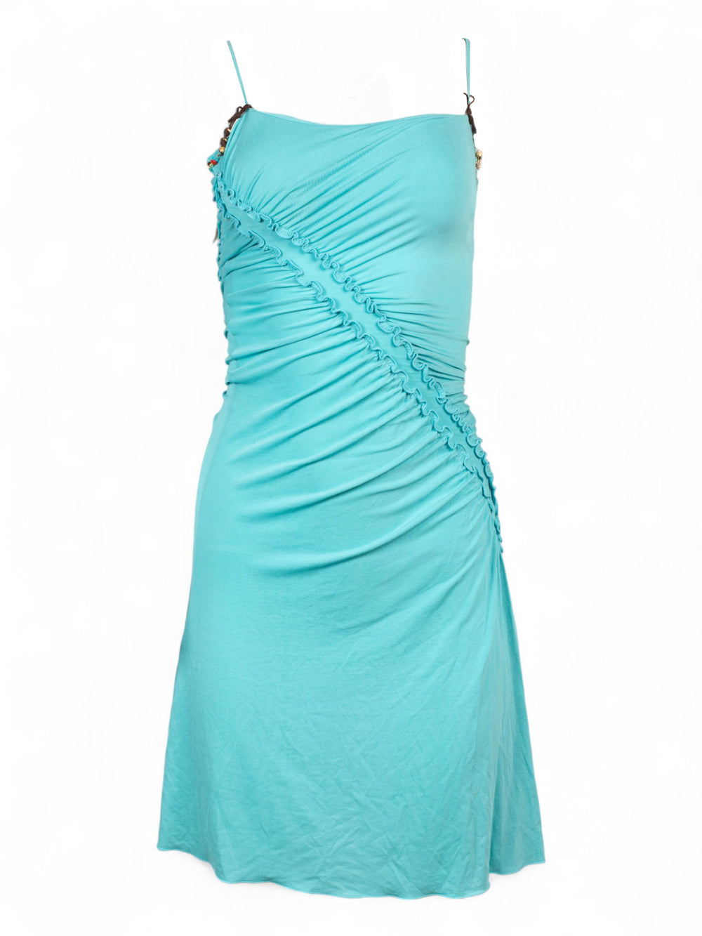 BLUE RUCHED DRESS W SUEDE & CHARM DETAILS