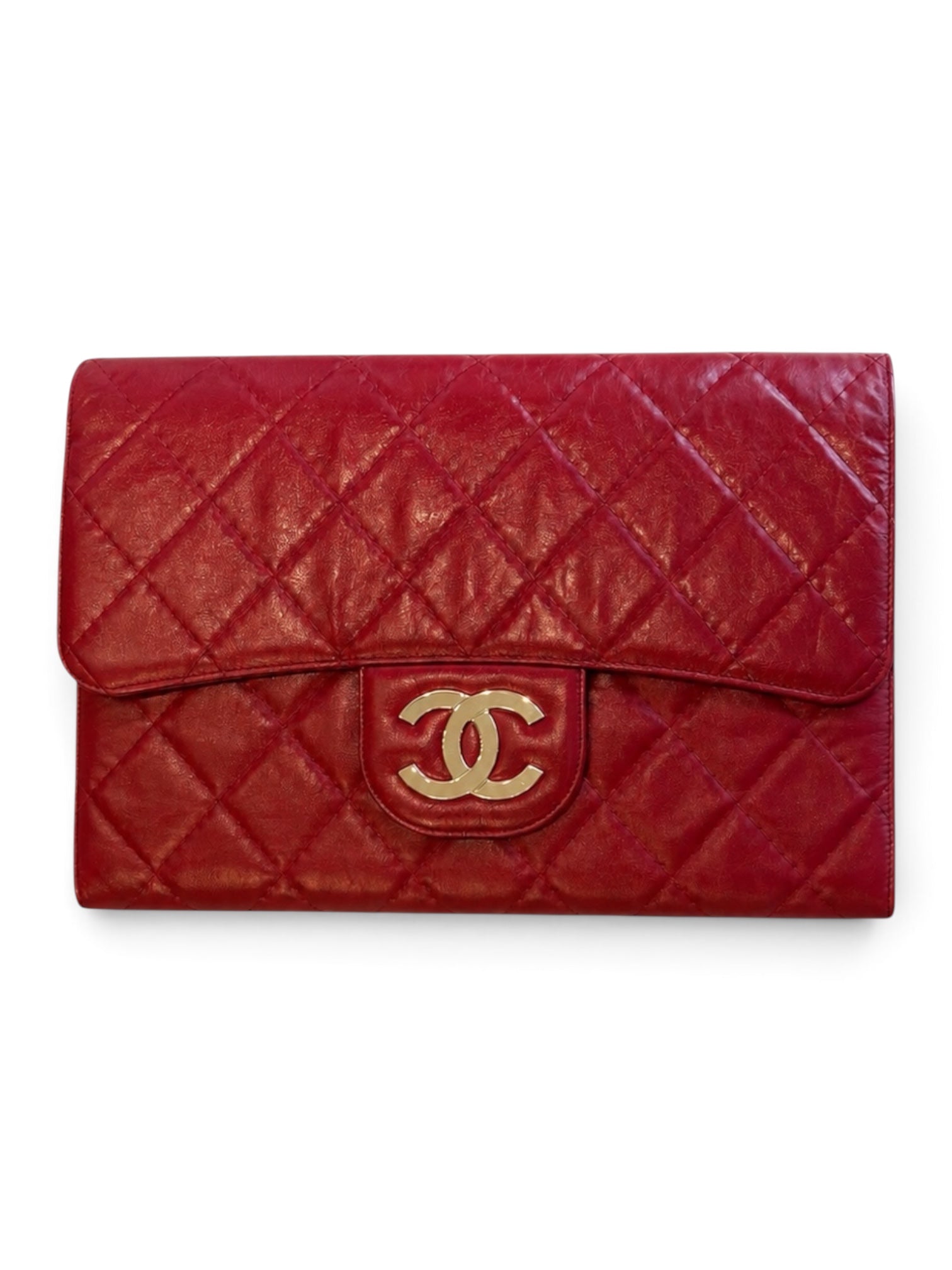 RED XXL CC SHINY CRUMPLED CALFSKIN CLUTCH @BK