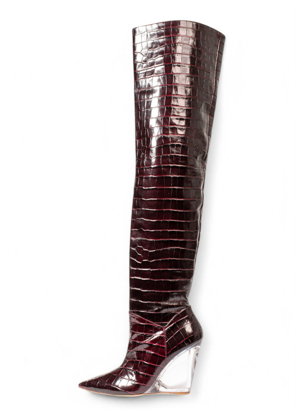 CROC LUCITE WEDGE BOOTS