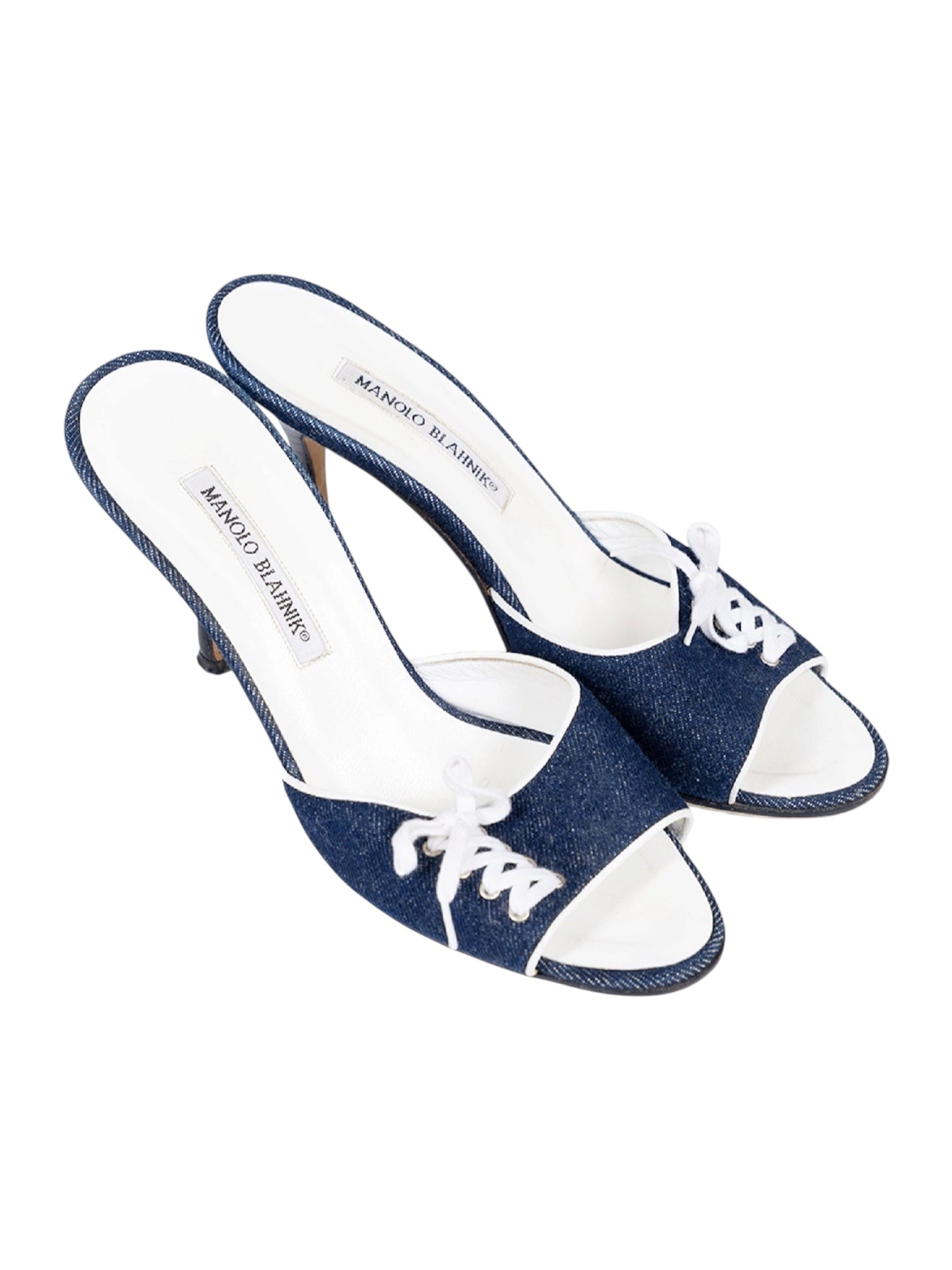 DENIM LACE UP KITTEN HEELS