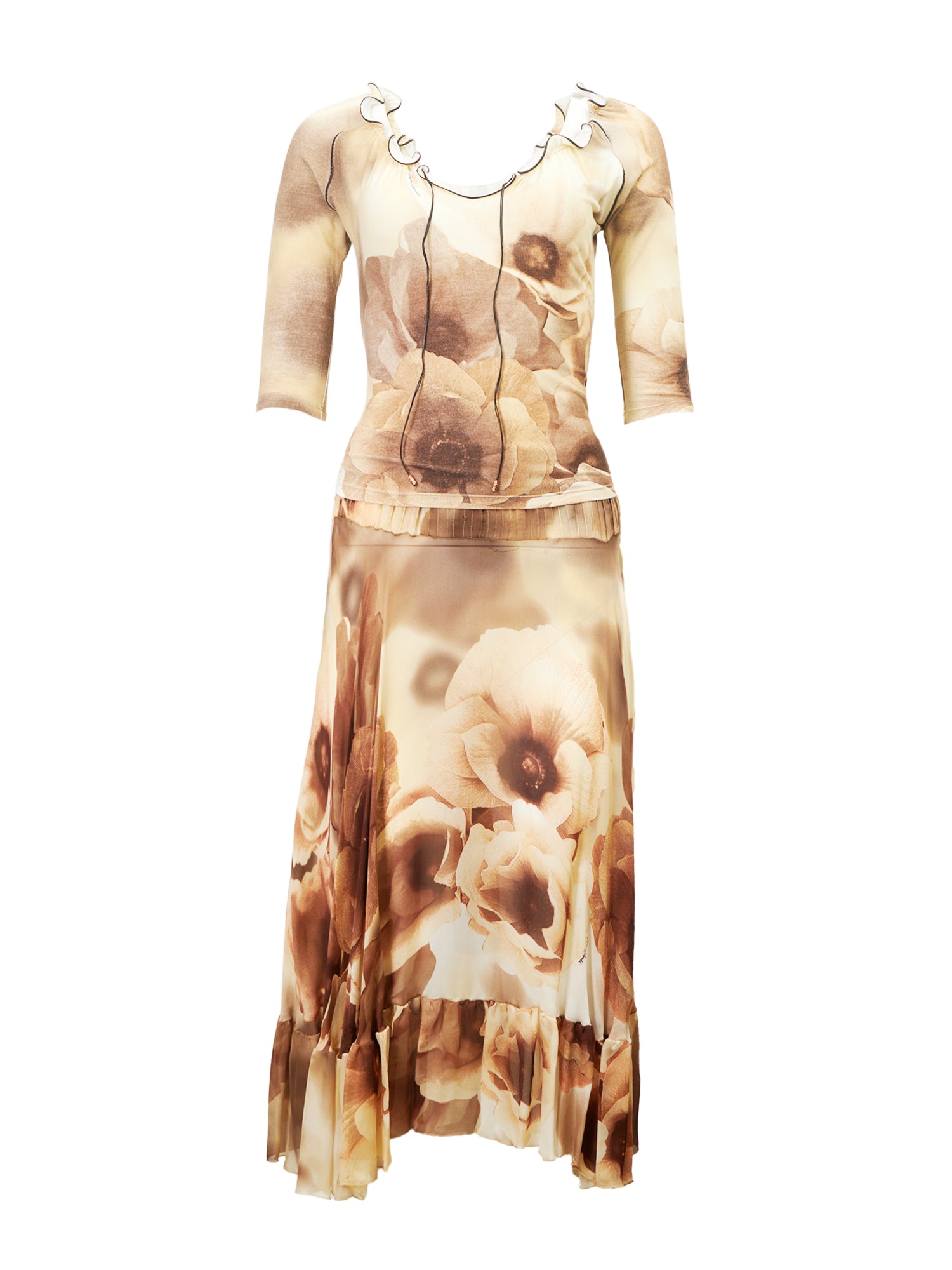 SS02 CREAM & BROWN TULIP PRINTED 2PC SKIRT SET