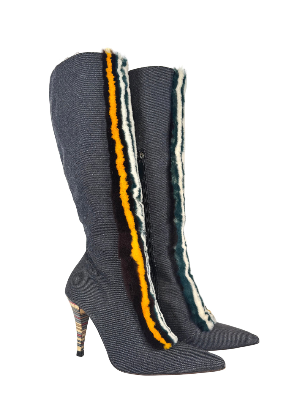 RARE DENIM & MULTICOLOR RABBIT FUR KNEE HIGH BOOTS